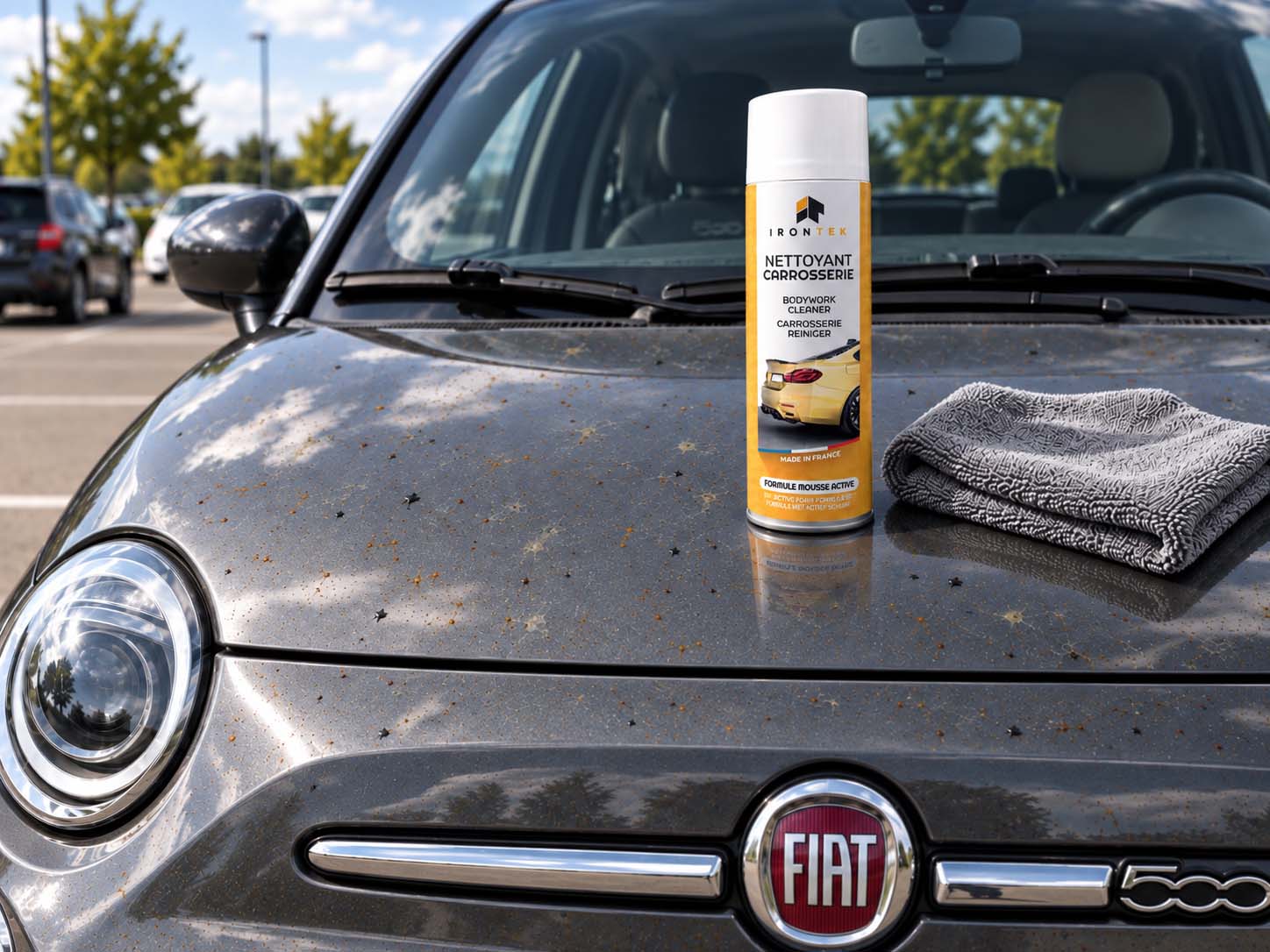 Film routier et traces grasses sur Fiat 500